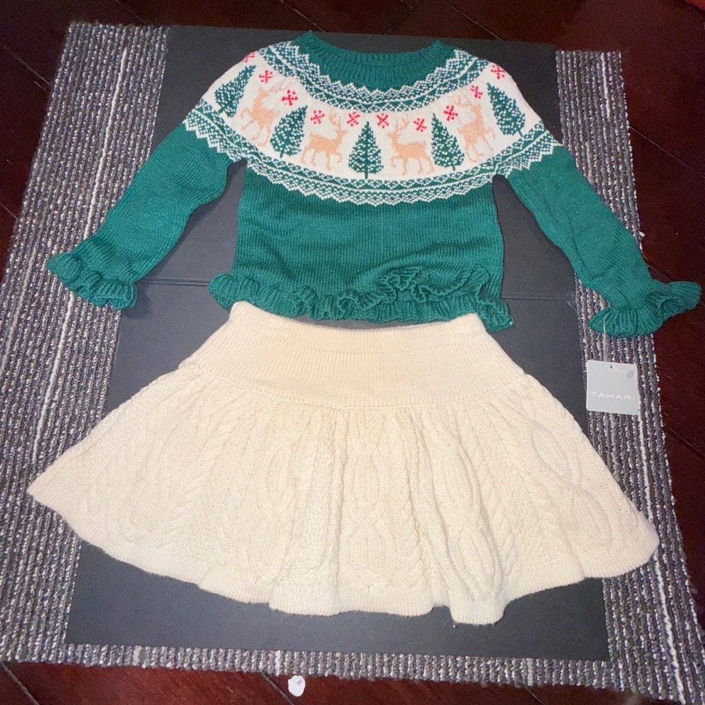 Tahari Girls Holiday Sweater Dress Set Green Christmas Reindeer Tree 24M NWT